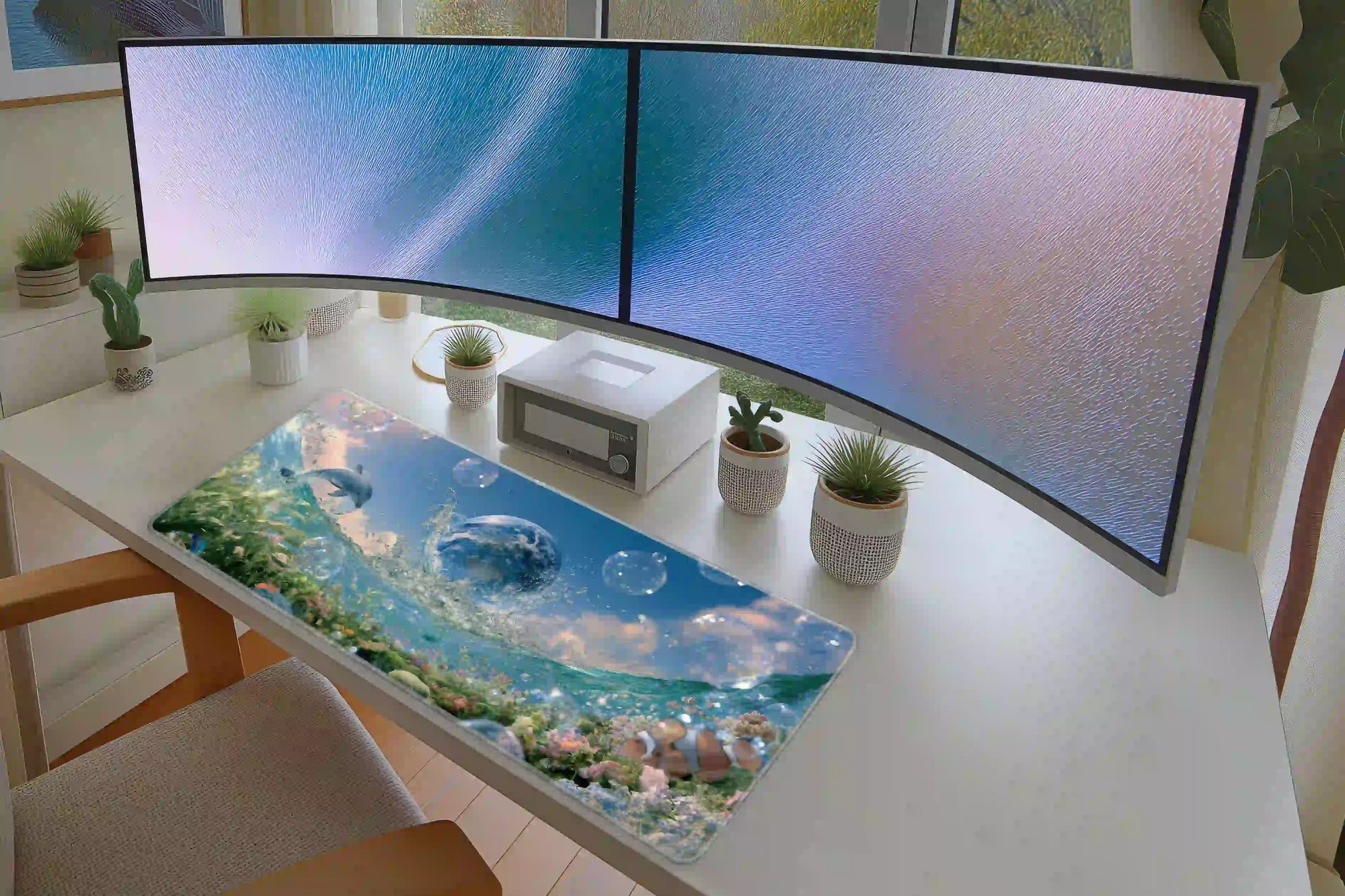 Frutiger Aero Ocean Earth desk mat in a full desk setup with a keyboard and mouse layout