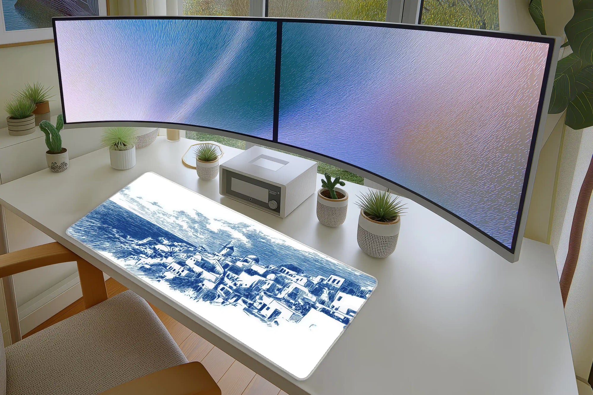 Santorini Cliffside Sketch Mousepad – Coastal Blue Ink Design