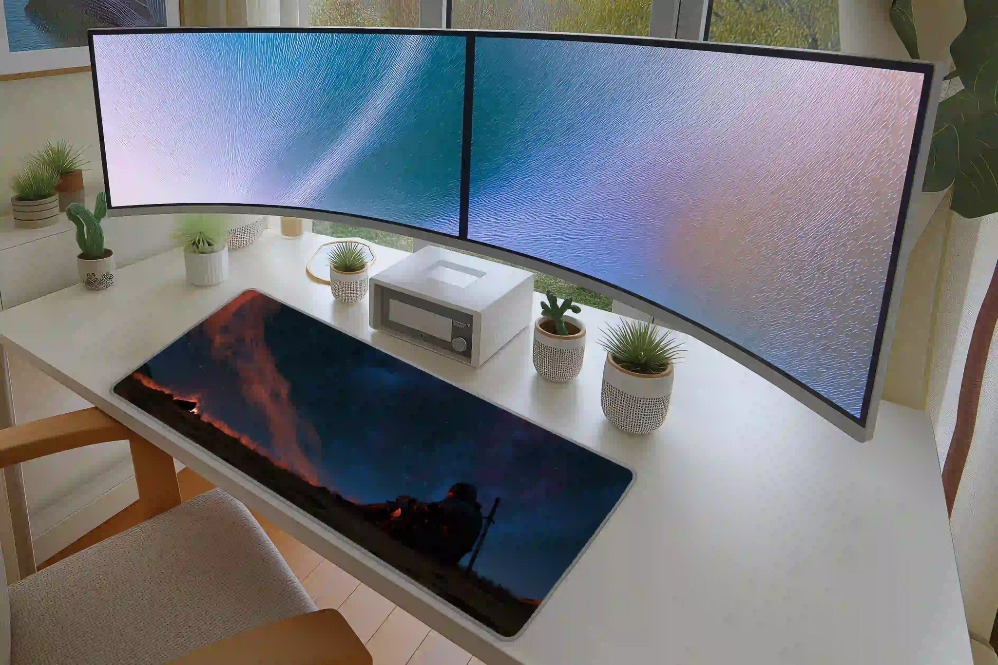 Dark Fantasy Knight desk mat in a full office setup with keyboard and mouse