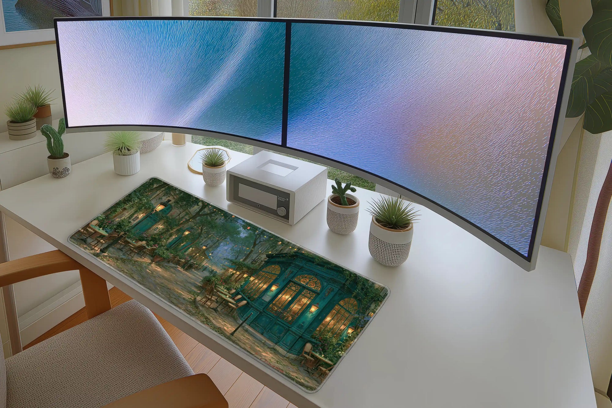 Paris Cafe Street Desk Mat | European Mouse Pad in a full desk setup with keyboard, mouse, and office accessories