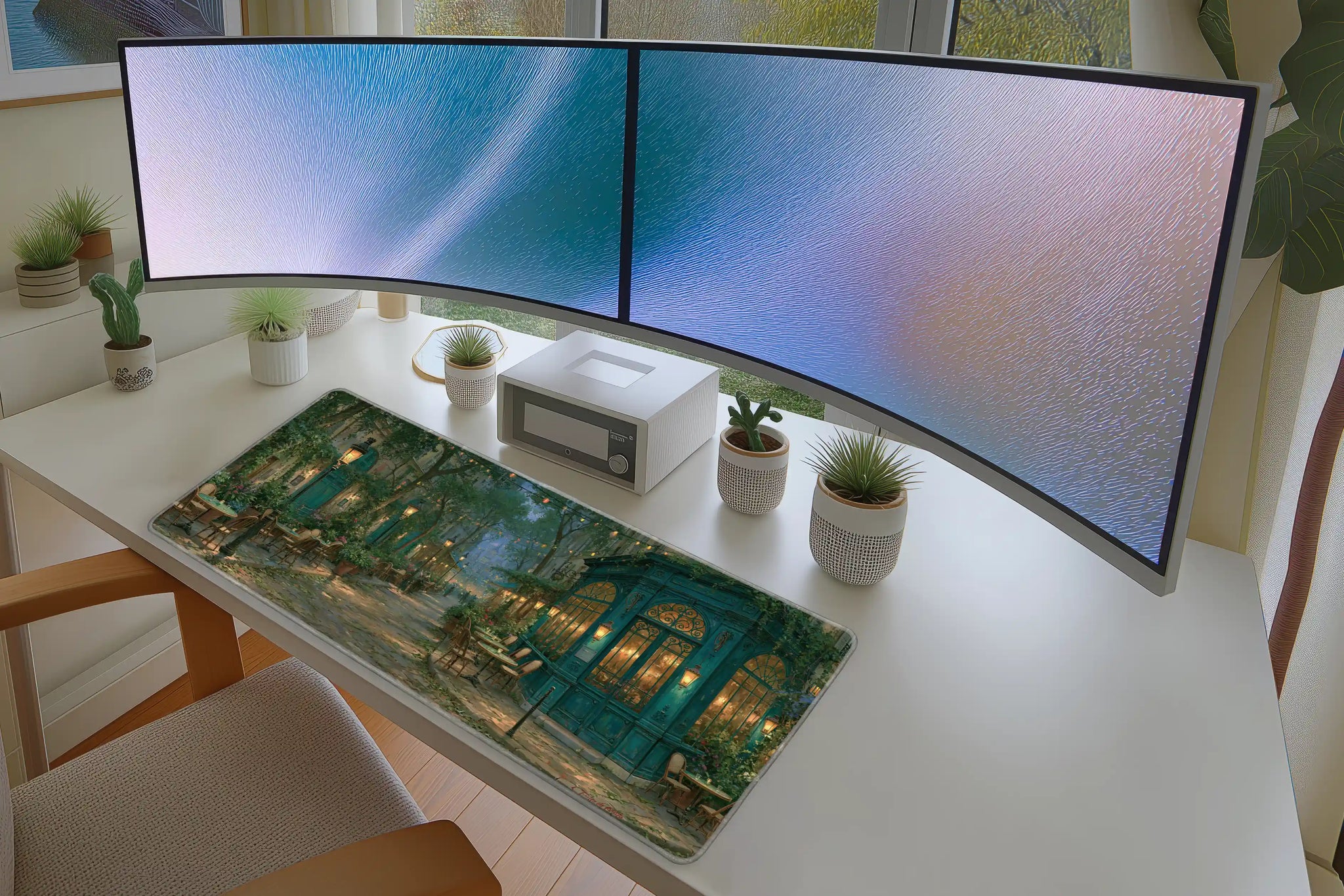 Paris Cafe Street Desk Mat | European Mouse Pad in a full desk setup with keyboard, mouse, and office accessories