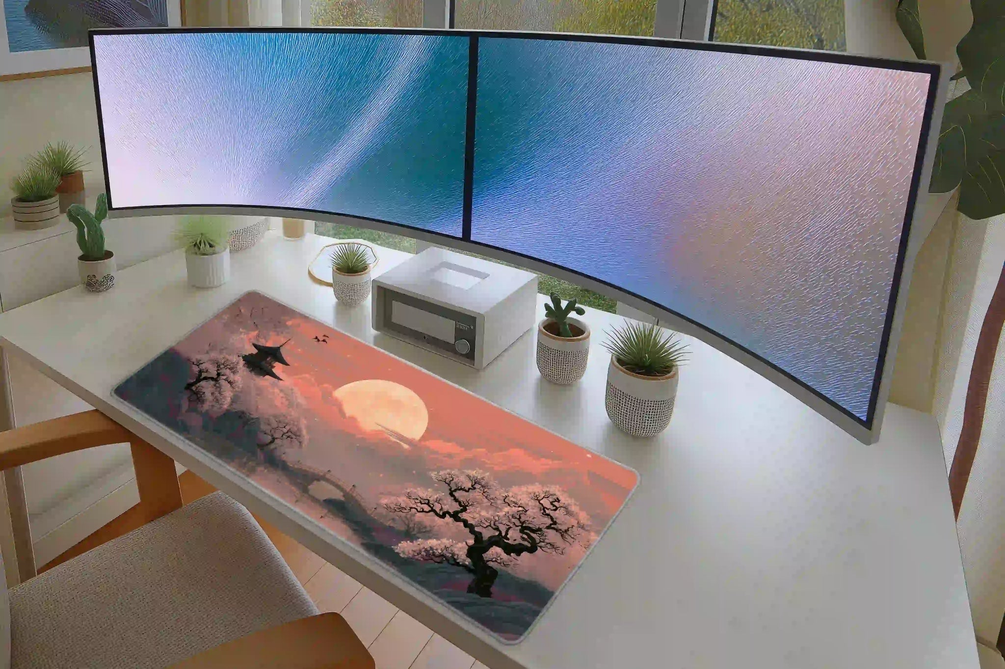 Cherry Blossom Moon extended mouse pad completing a home office desk setup