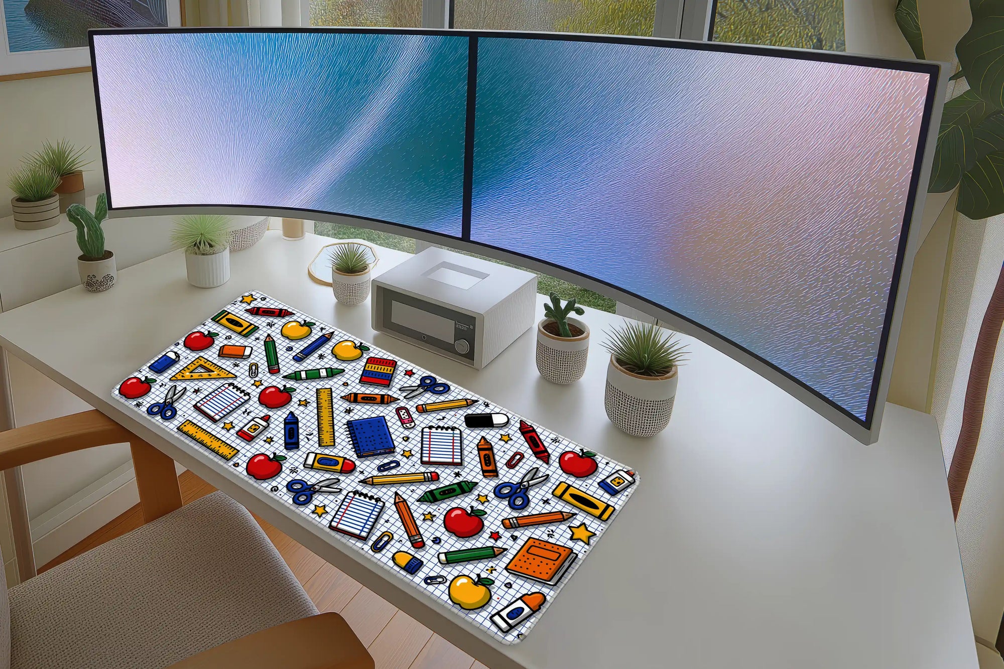 Lifestyle desk mockup of School Supplies Desk Mat | Classroom Pattern with keyboard and mouse layout