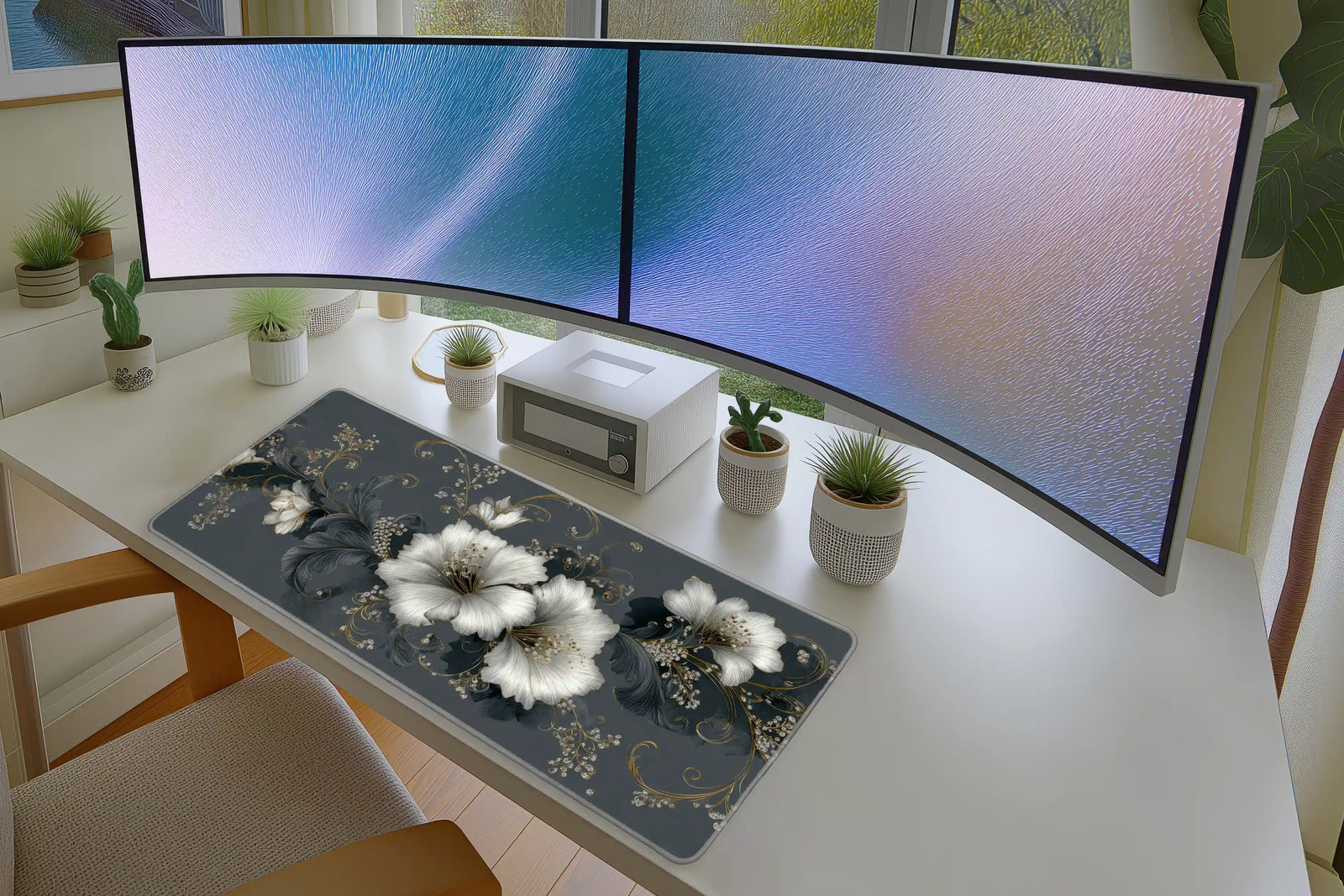 Elegant White & Gold Floral Mousepad – Luxury Pattern Design