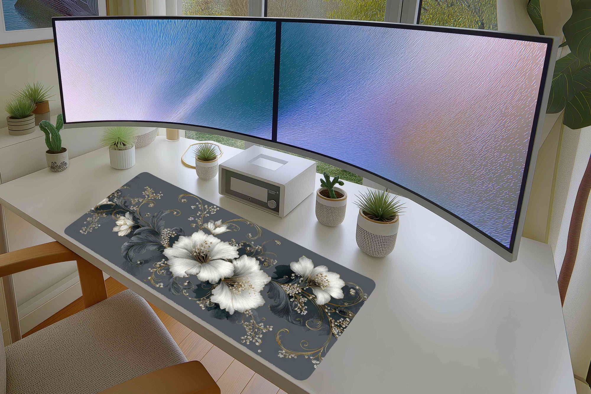 Elegant White & Gold Floral Mousepad – Luxury Pattern Design