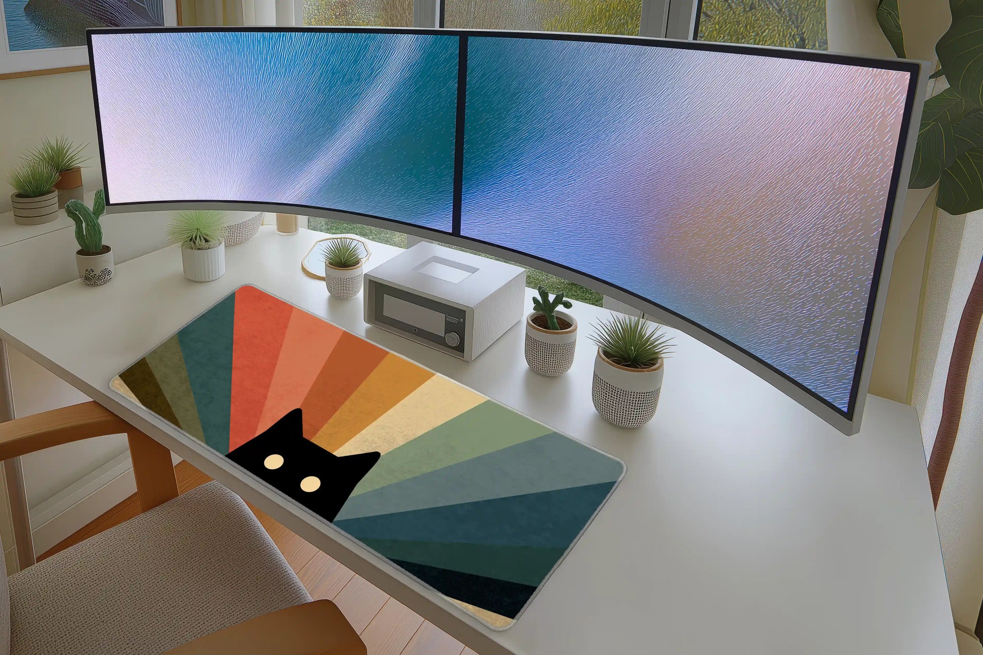 Retro Black Cat desk mat wide surface for a keyboard and mouse layout