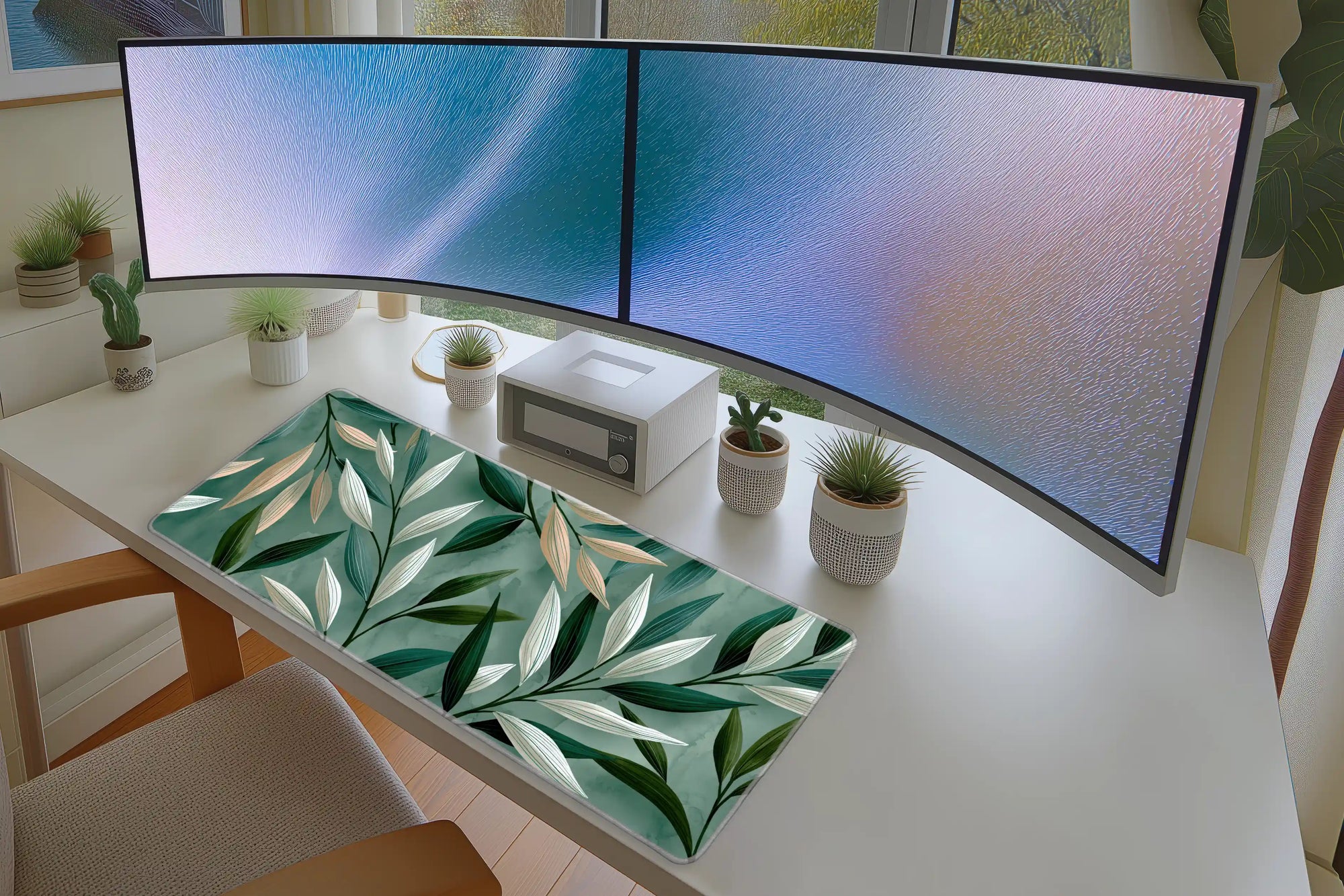 Watercolor Leaf Desk Mat | Botanical Mouse Pad in a full desk setup with keyboard, mouse, and office accessories