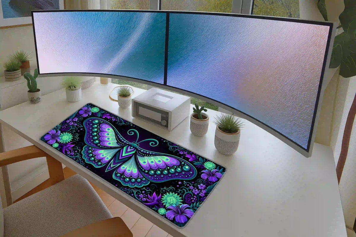 Purple and turquoise fantasy moth desk mat displayed in a white desk setup with dual monitors and plants