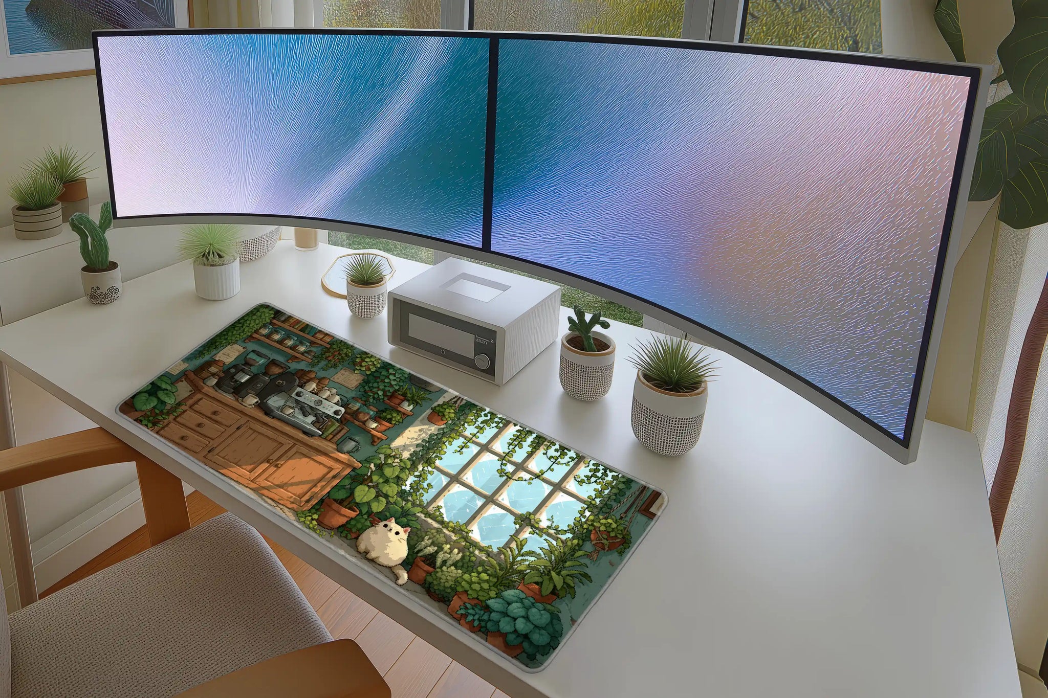 Pixel Plant Cafe Desk Mat | Cat Coffee Mouse Pad in a full desk setup with keyboard, mouse, and office accessories