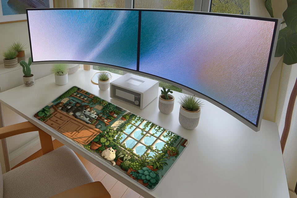 Pixel Plant Cafe Desk Mat | Cat Coffee Mouse Pad in a full desk setup with keyboard, mouse, and office accessories
