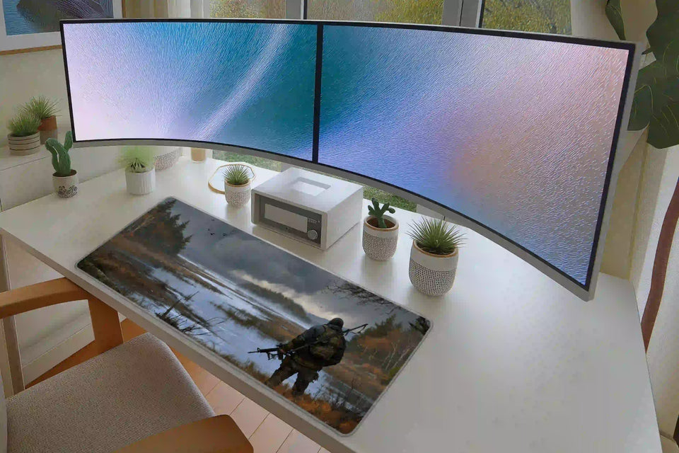 Survival hunter wetlands landscape desk mat arranged in a keyboard and mouse gaming layout