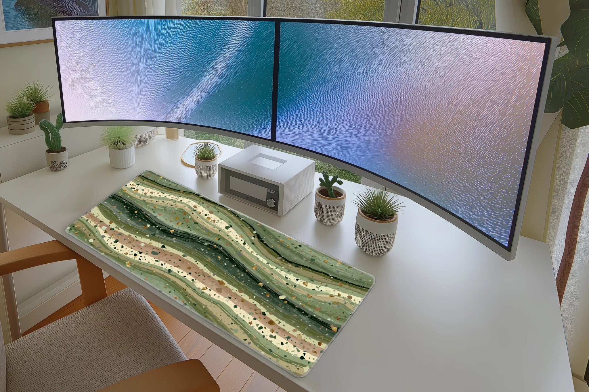 Green Terrazzo Wave Desk Mat | Abstract Mouse Pad in a full desk setup with keyboard, mouse, and office accessories
