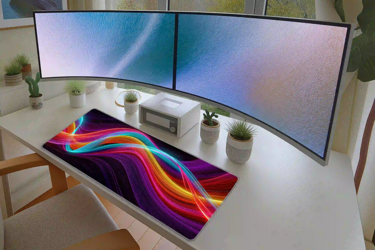 Neon wave desk mat in a bright dual-monitor setup, showing blue, pink and orange light trails across the black design