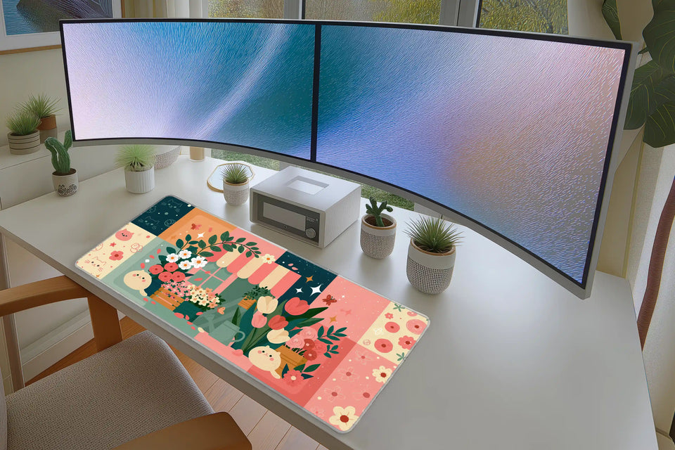 Cute Cat Flower Shop Pastel Storefront mouse pad showing stitched edge detail