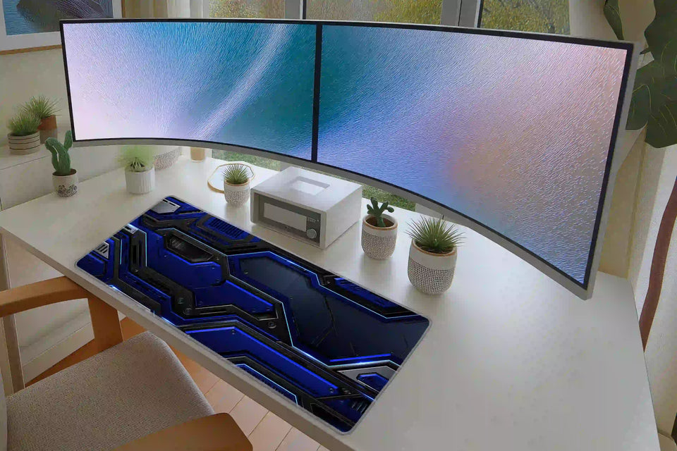 Office desk setup featuring the blue sci-fi futuristic tech panel extended mouse pad