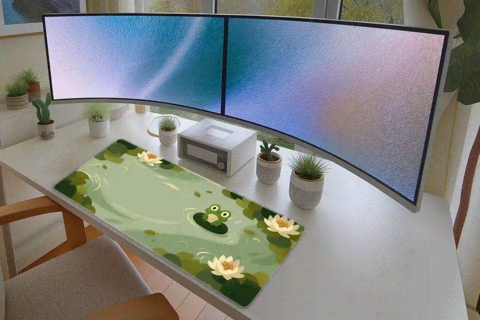 Keyboard and mouse workspace styled with the cute frog lily pond watercolor desk mat