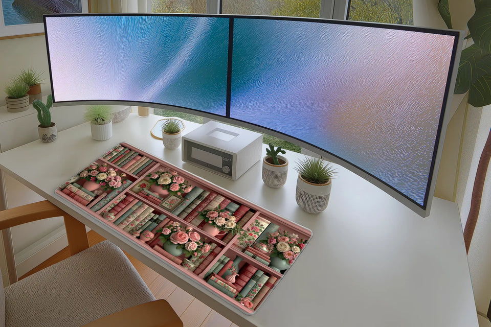 Lifestyle desk mockup of Pink Rose Bookshelf Desk Mat | Vintage Books with keyboard and mouse layout