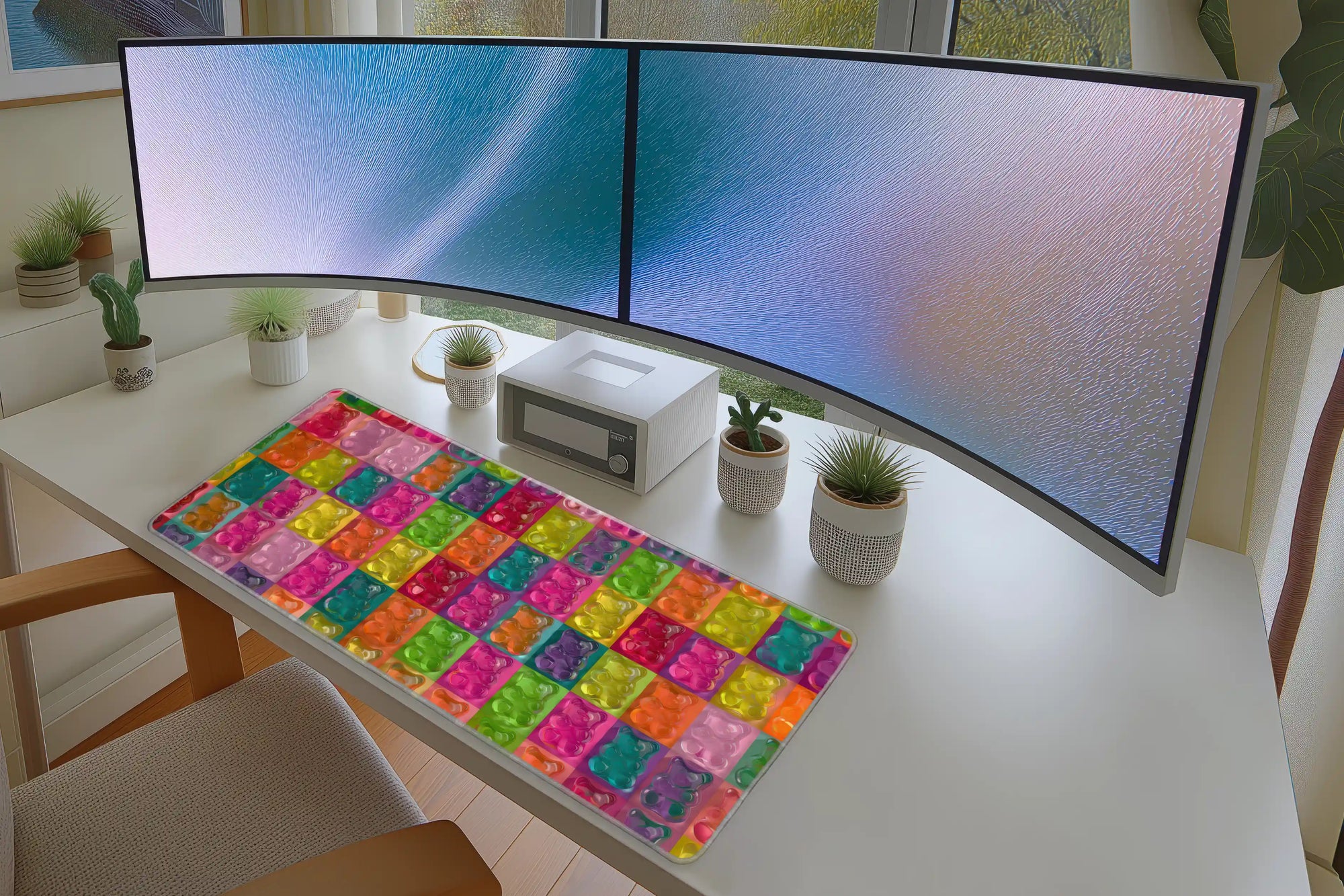 Colorful Gummy Bear Pattern desk mat wide surface for a keyboard and mouse layout