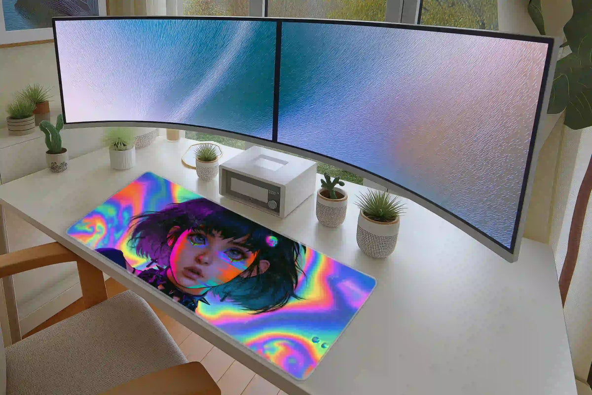 Rainbow cyber anime girl desk mat adding neon color to a white desk with dual monitors and small plants