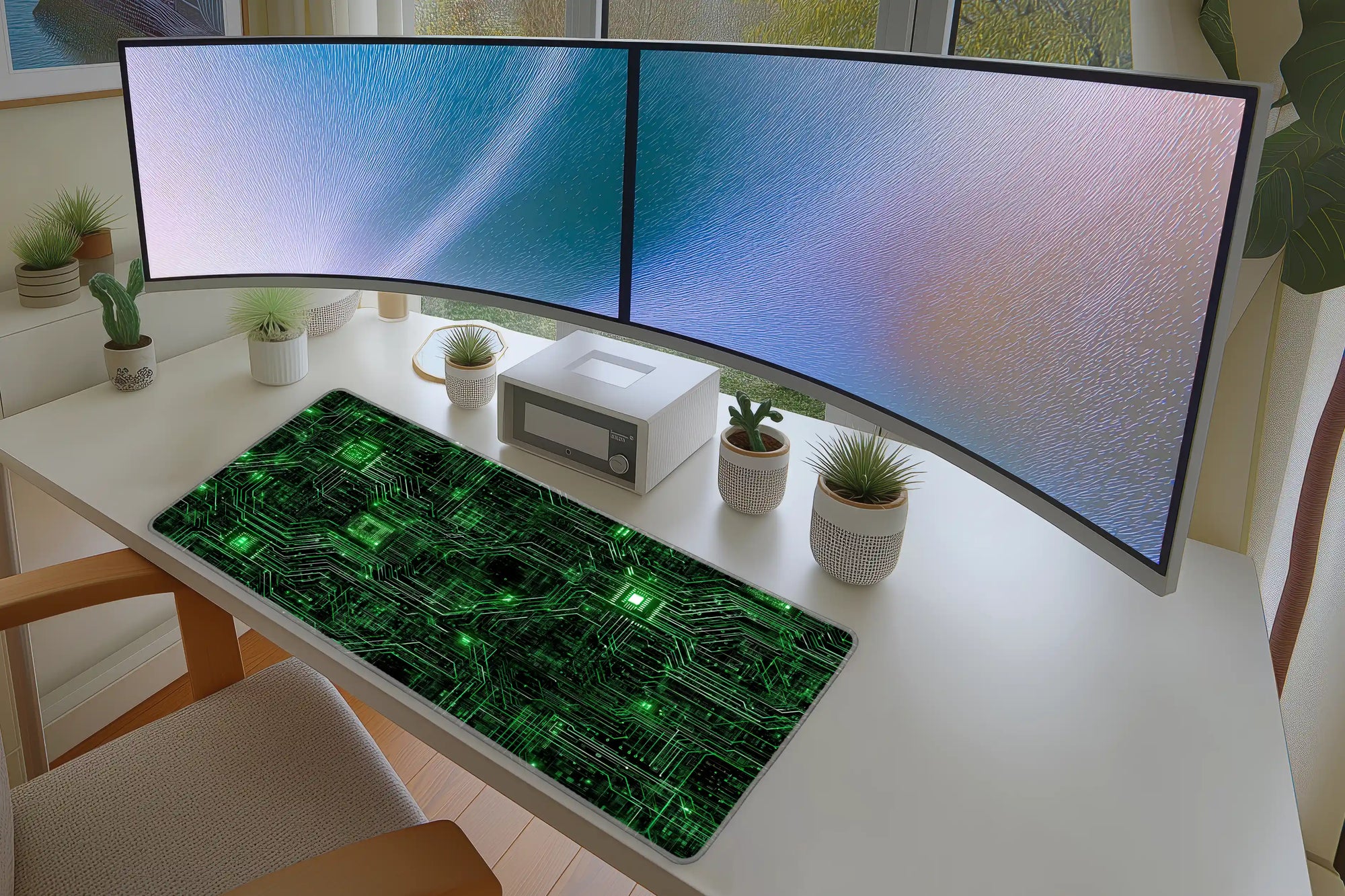 Green Circuit Board desk mat wide surface for a keyboard and mouse layout