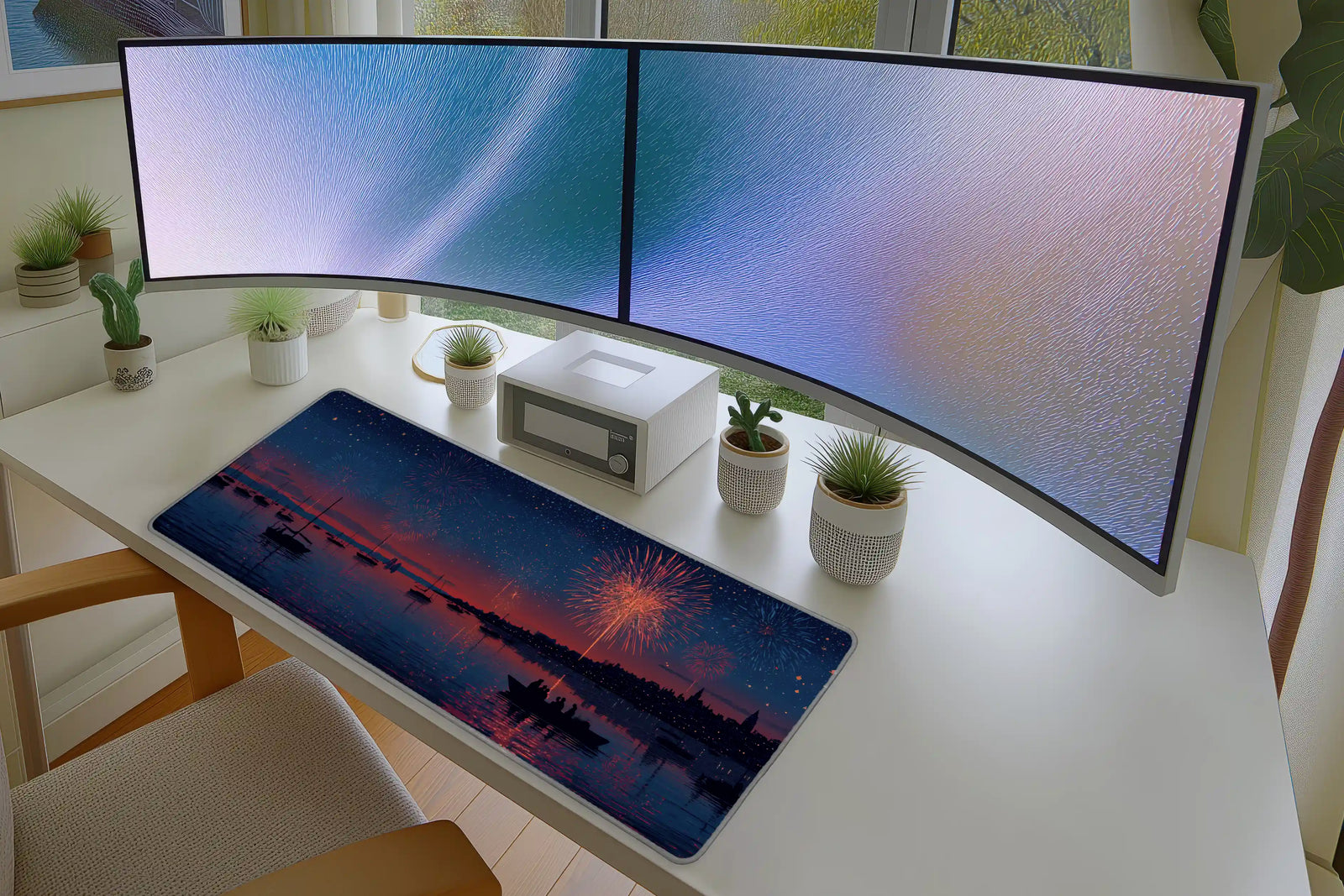 Fireworks Over the Bay Mousepad – Night Skyline Art Mat