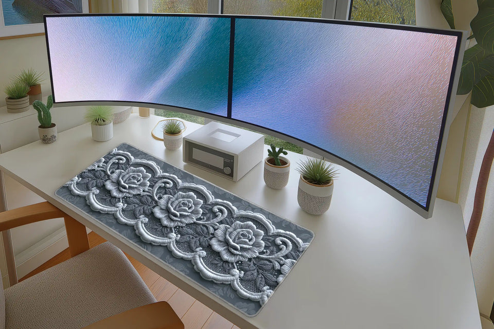 Silver Rose Lace Scalloped Floral mouse pad showing stitched edge detail