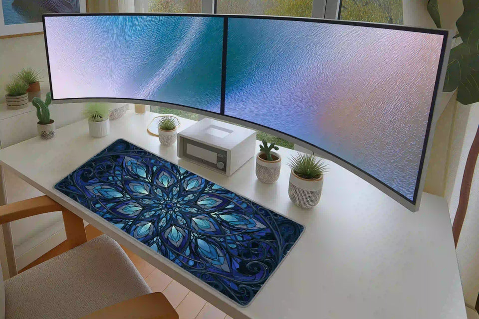Blue Gothic Floral Stained Glass Mandala Desk Mat