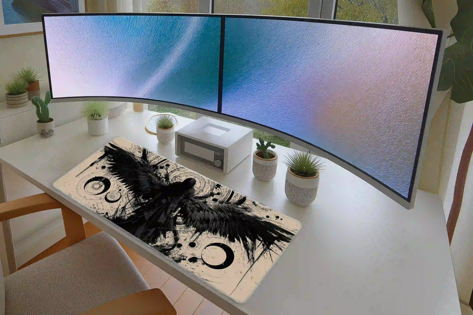 Dark Angel Ink Art desk mat in a full desk setup with a keyboard and mouse layout
