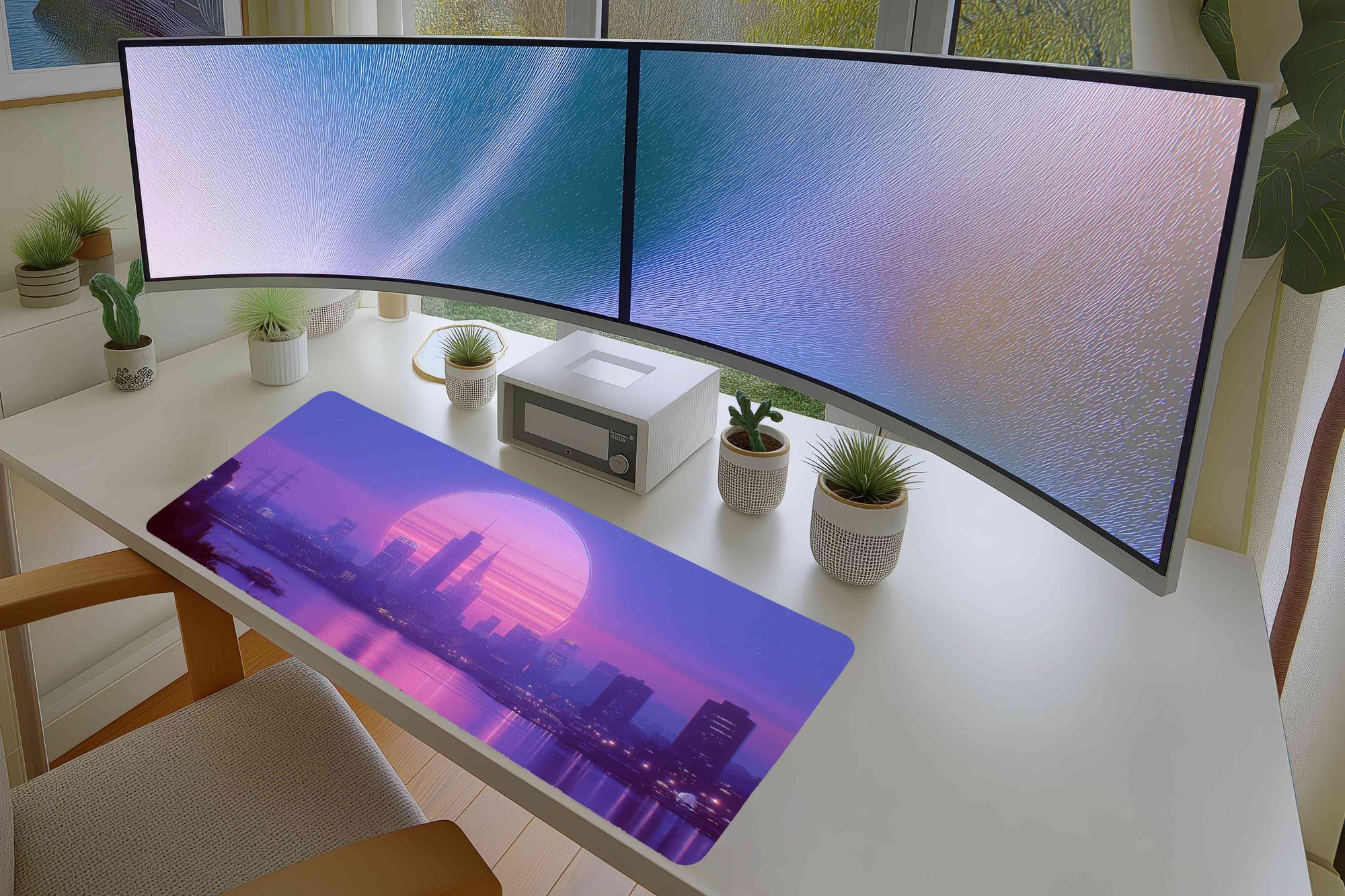 Neon Cityscape Mousepad – Retro Purple Synthwave Skyline