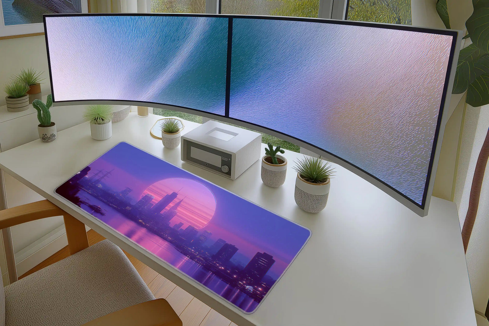 Neon Cityscape Mousepad – Retro Purple Synthwave Skyline