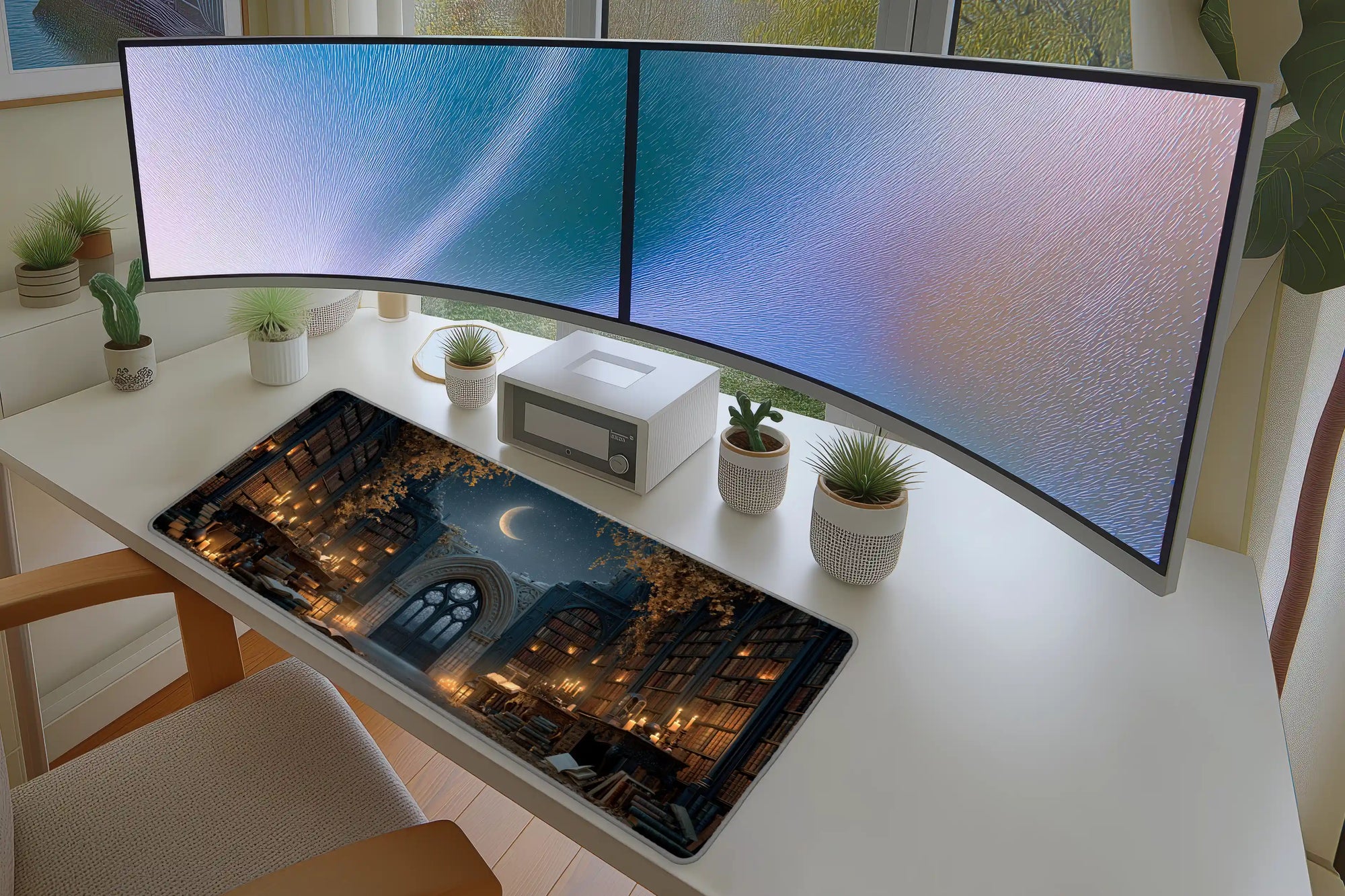 Lifestyle desk mockup of Moonlit Gothic Library Desk Mat | Ancient Books with keyboard and mouse layout