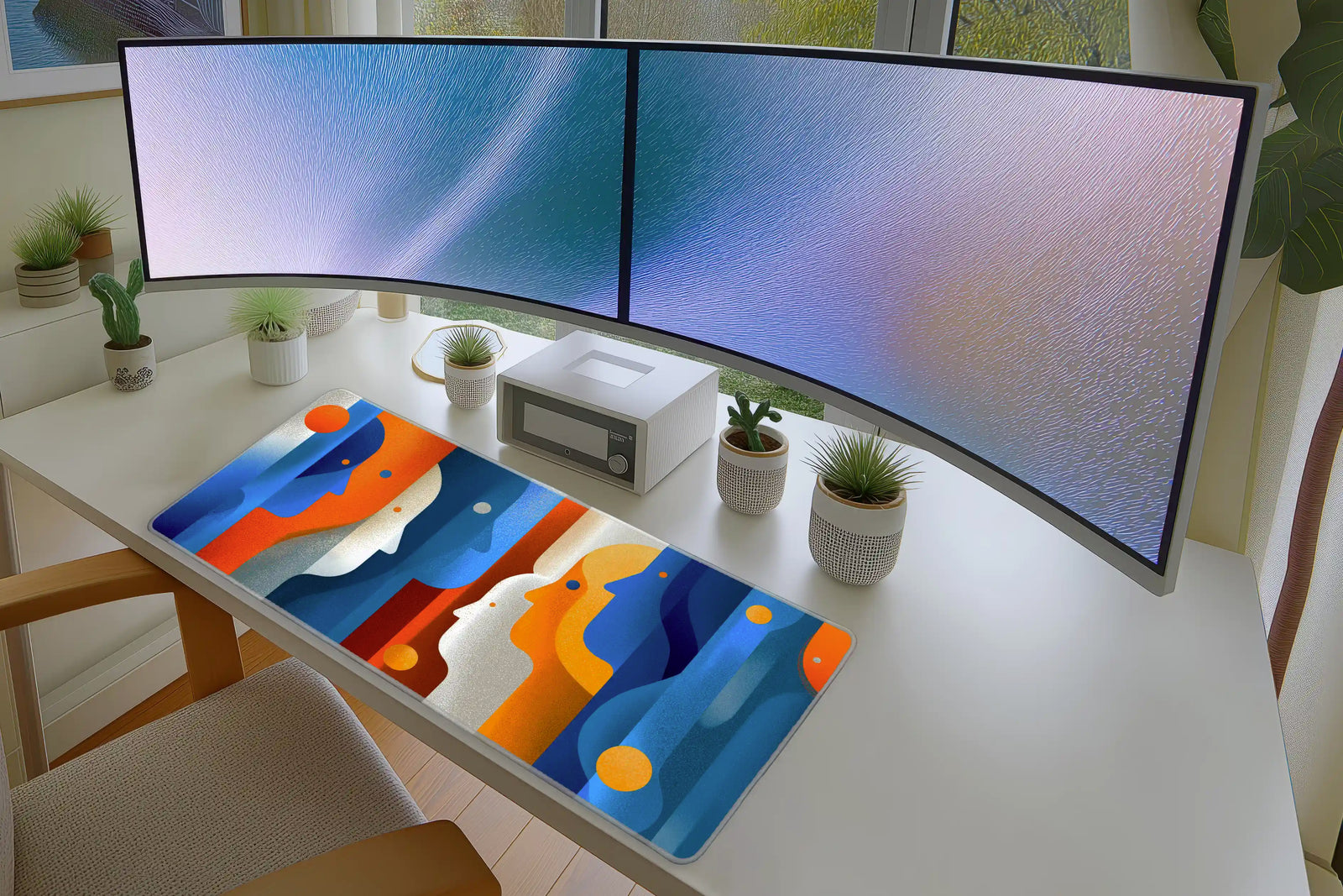 Abstract Faces Mousepad – Modern Blue & Orange Art