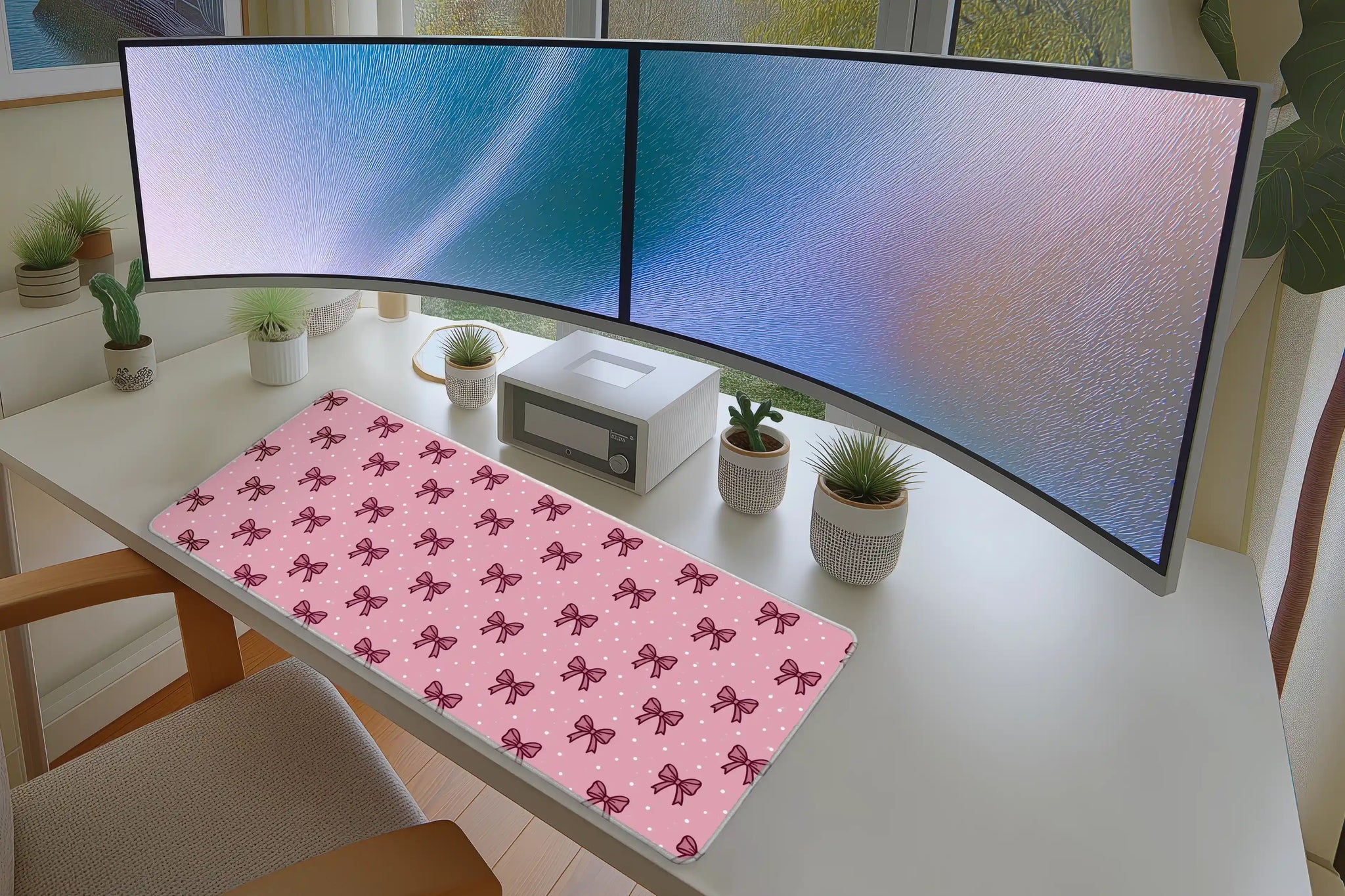 Pink Mini Bow Polka Dot Coquette mouse pad showing stitched edge detail
