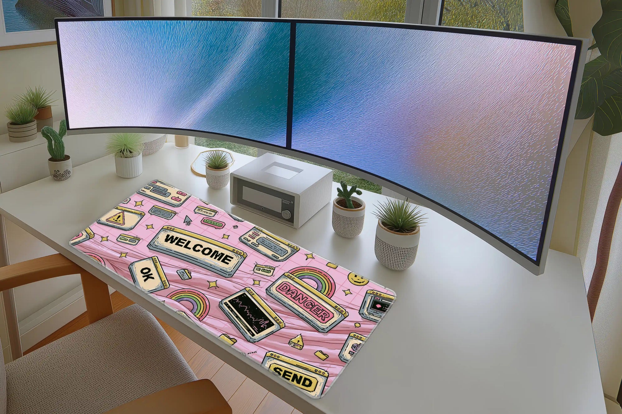 Y2K Retro Internet Pop desk mat wide surface for a keyboard and mouse layout