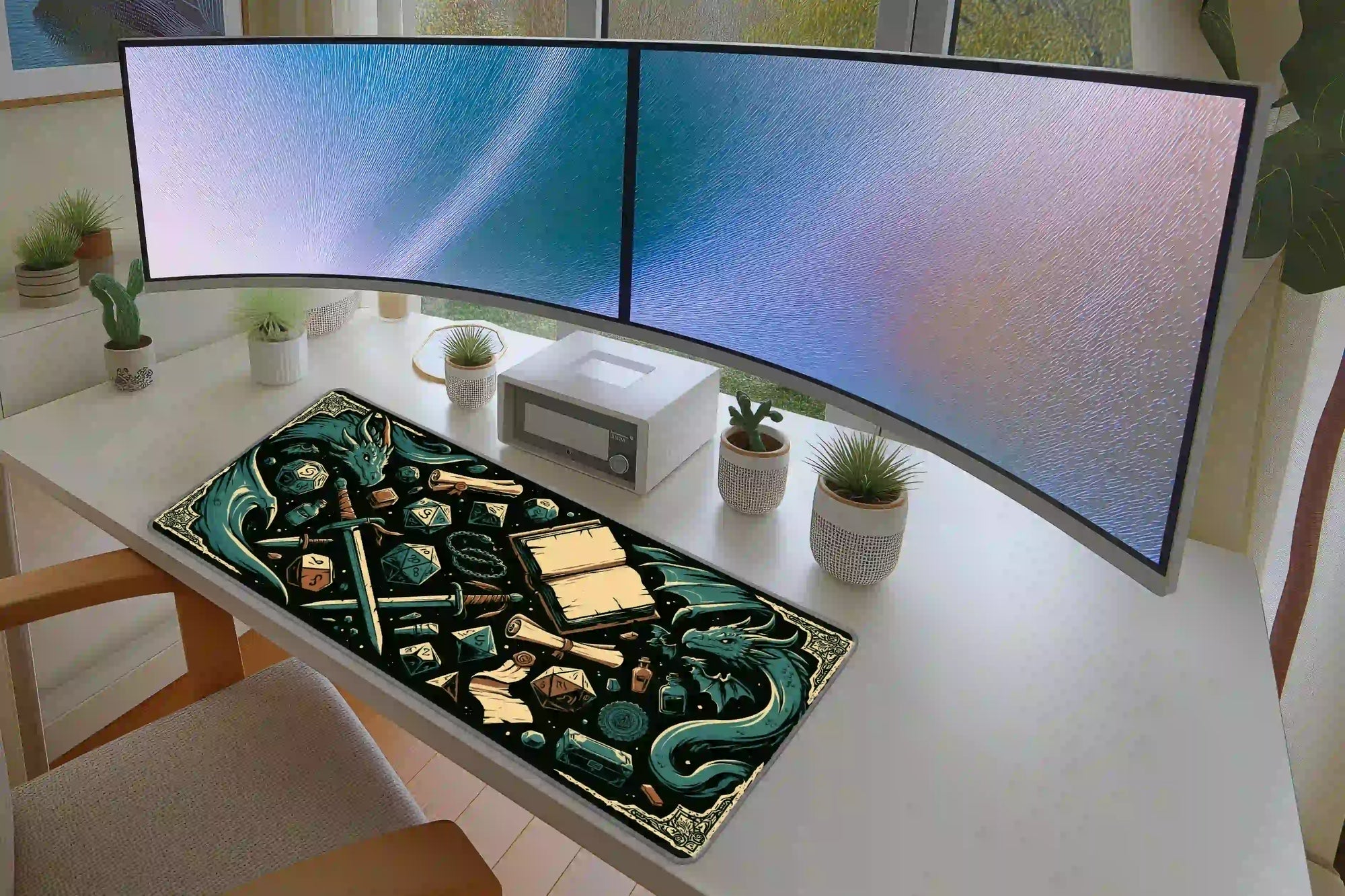 Dragon dice tabletop RPG fantasy mouse pad in a full student or gaming desk setup