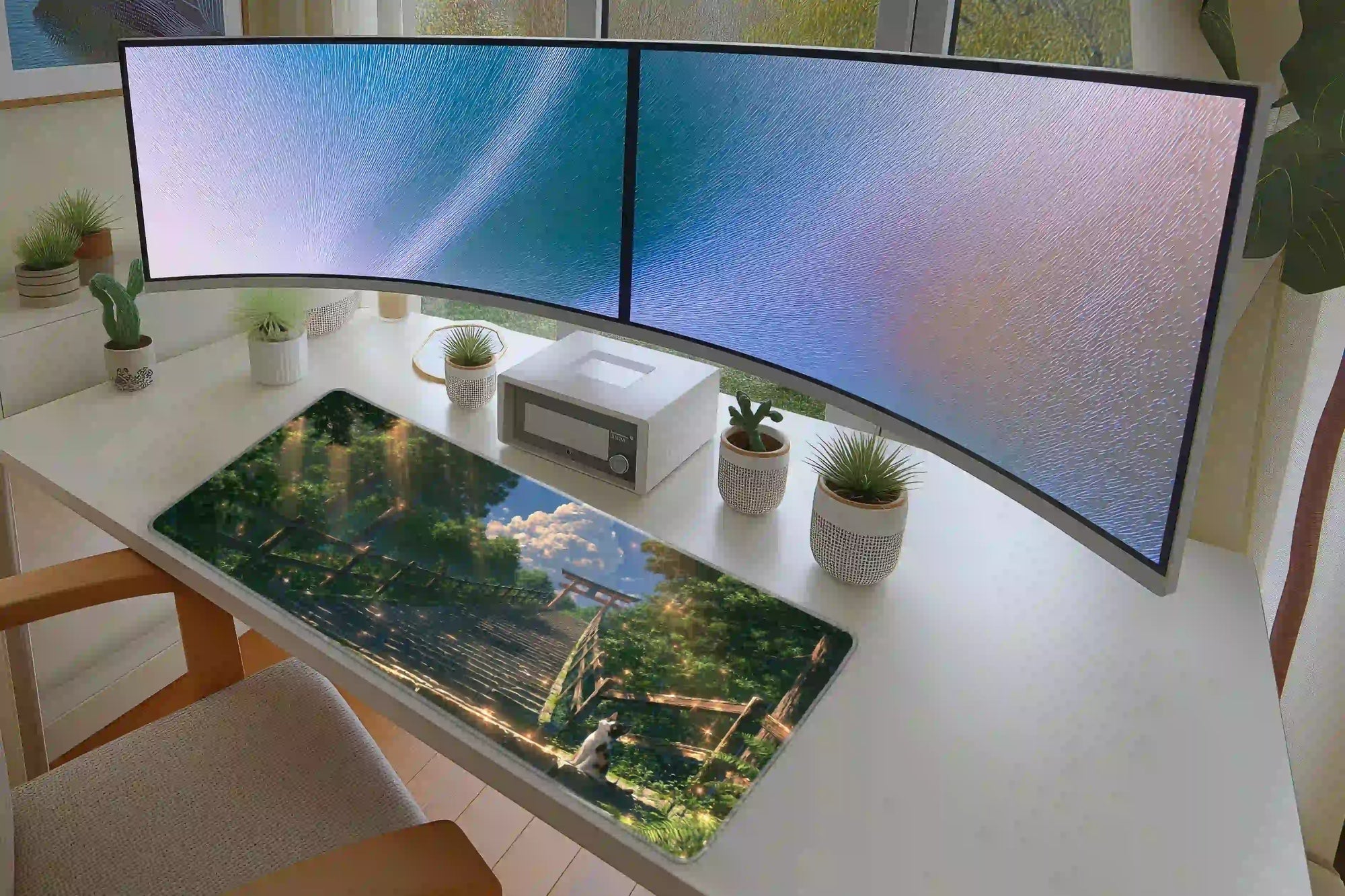 Japanese Forest Cat desk mat arranged under a keyboard and mouse on a student study desk