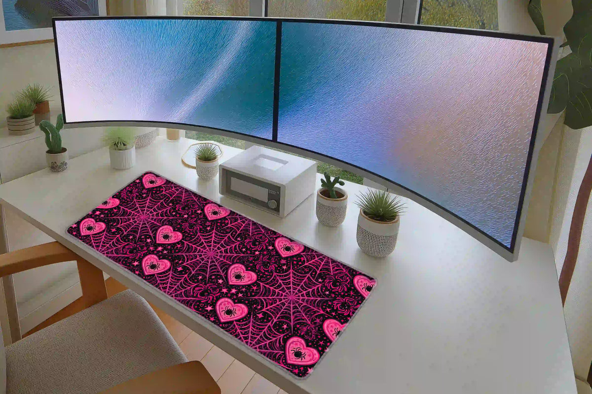 Pink spiderweb and heart desk mat displayed on a white desk with two monitors and small potted plants