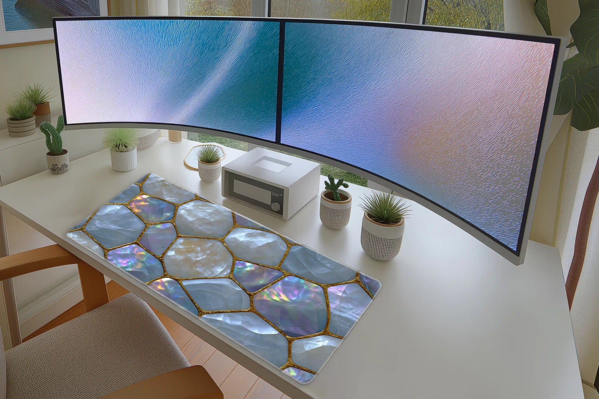 Iridescent Pearl Mosaic desk mat wide surface for a keyboard and mouse layout