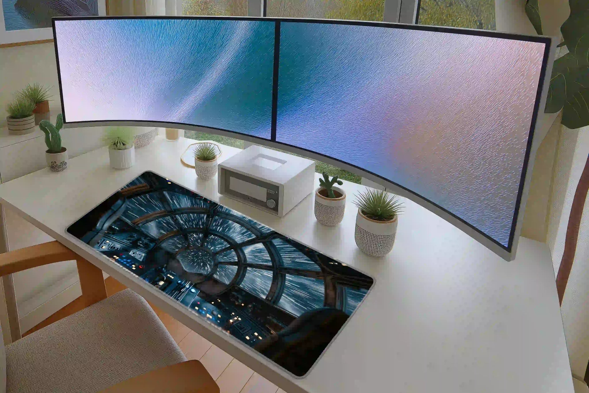 Spaceship cockpit hyperspace desk mat arranged in a keyboard and mouse gaming layout