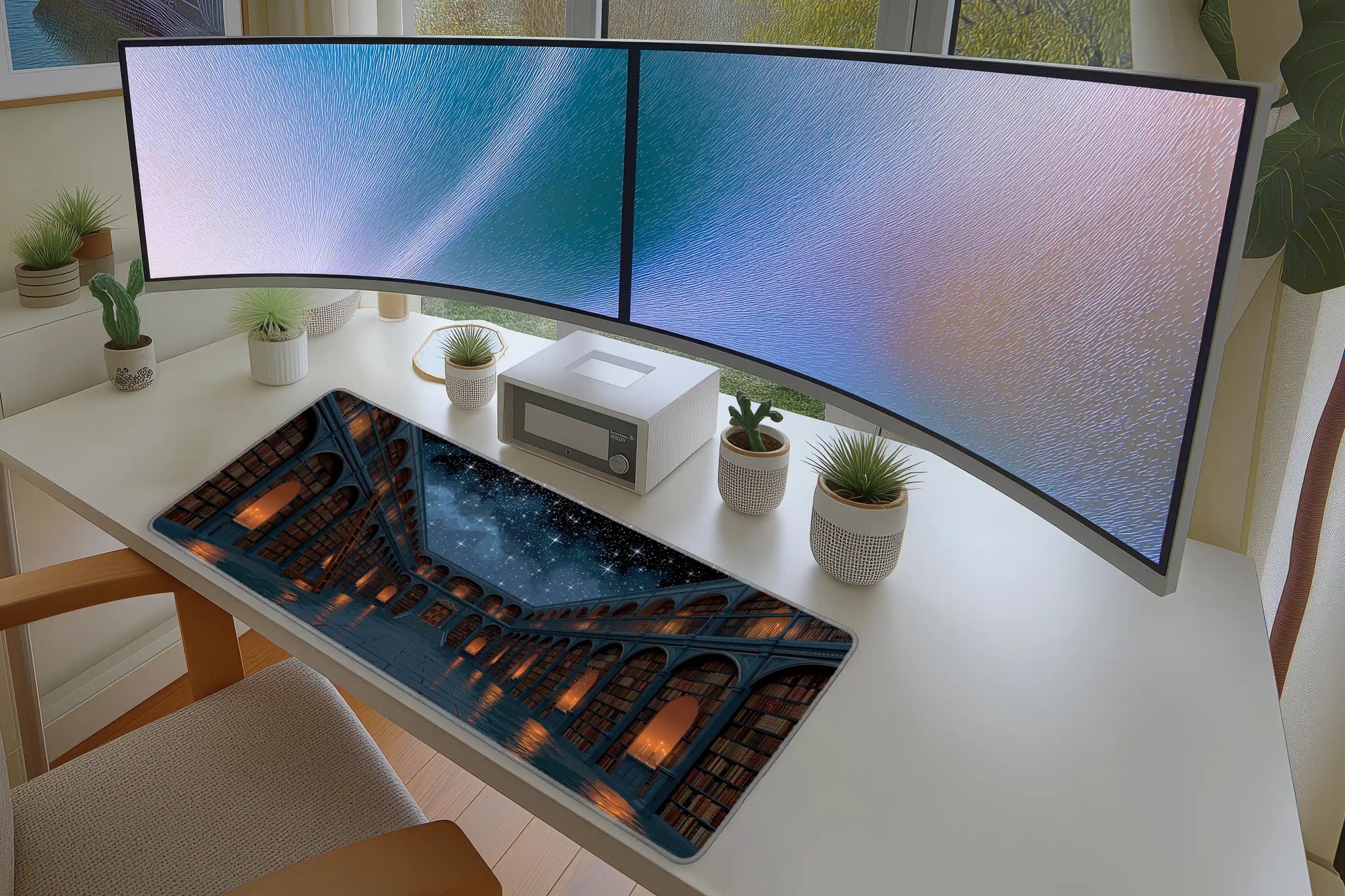 Lifestyle desk mockup of Starry Night Library Desk Mat | Candlelit Bookshelves with keyboard and mouse layout