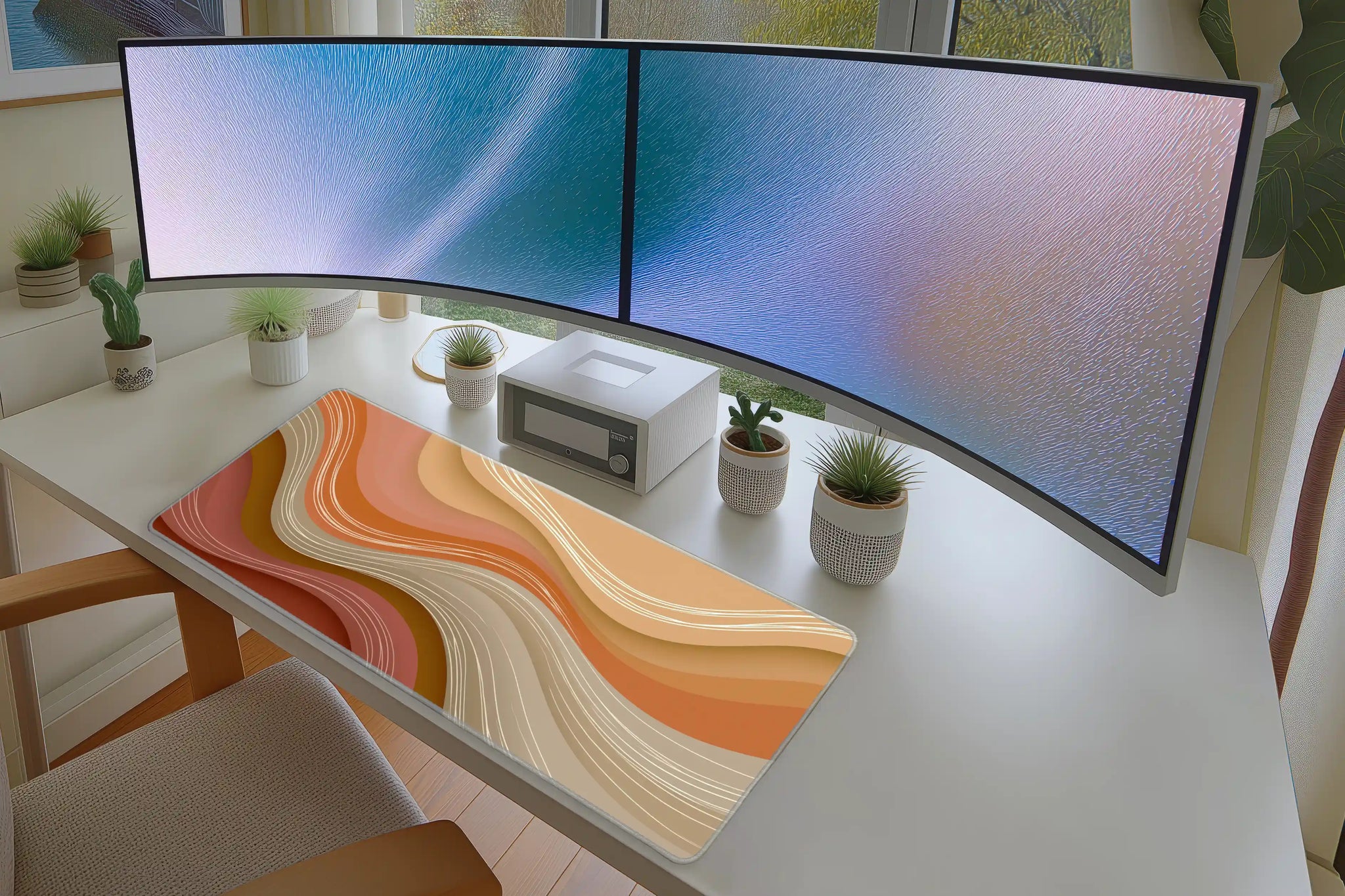 Warm Sunset Abstract Waves desk mat wide surface for a keyboard and mouse layout