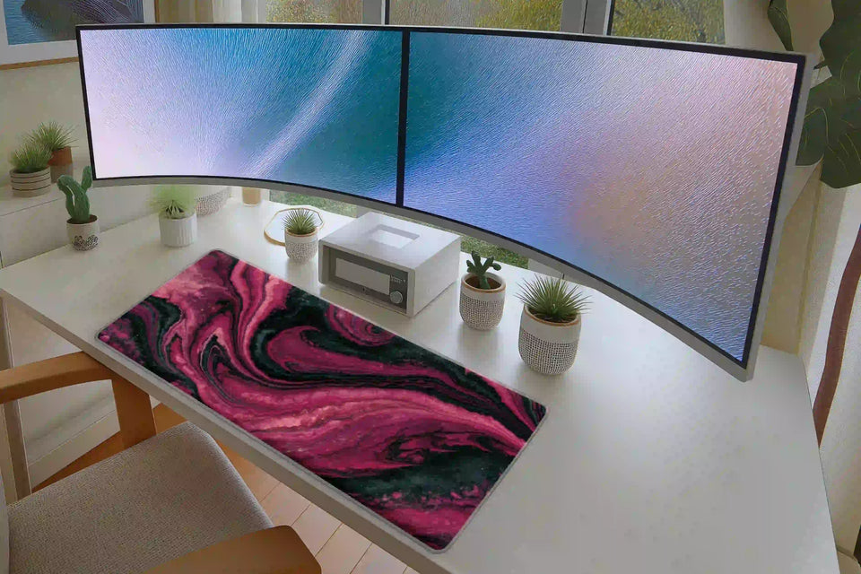 Pink and Black Marble Swirl Abstract desk mat wide surface for a keyboard and mouse layout