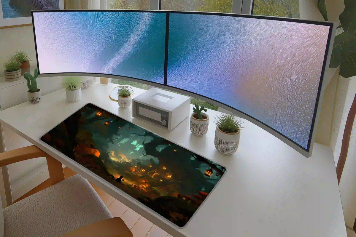 Enchanted pumpkin forest desk mat on a white workstation beneath two monitors, with lanterns glowing through green trees