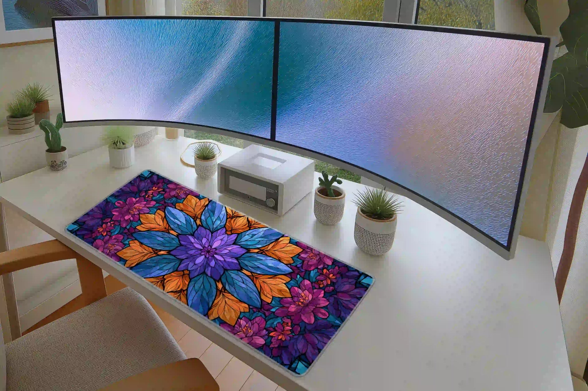 Vibrant Floral Stained Glass Mandala Desk Mat