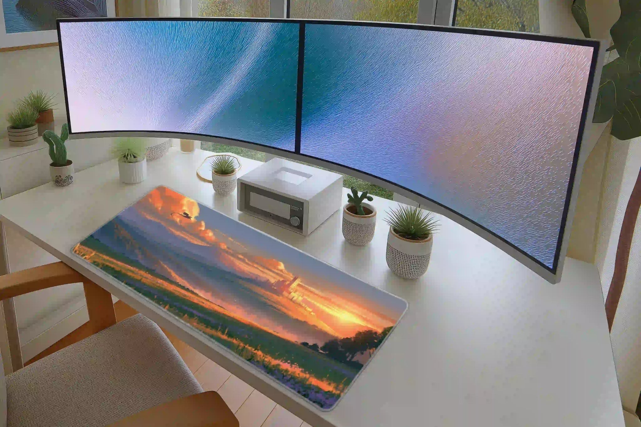 Dragon Castle Sunset desk mat in a full office setup with keyboard and mouse