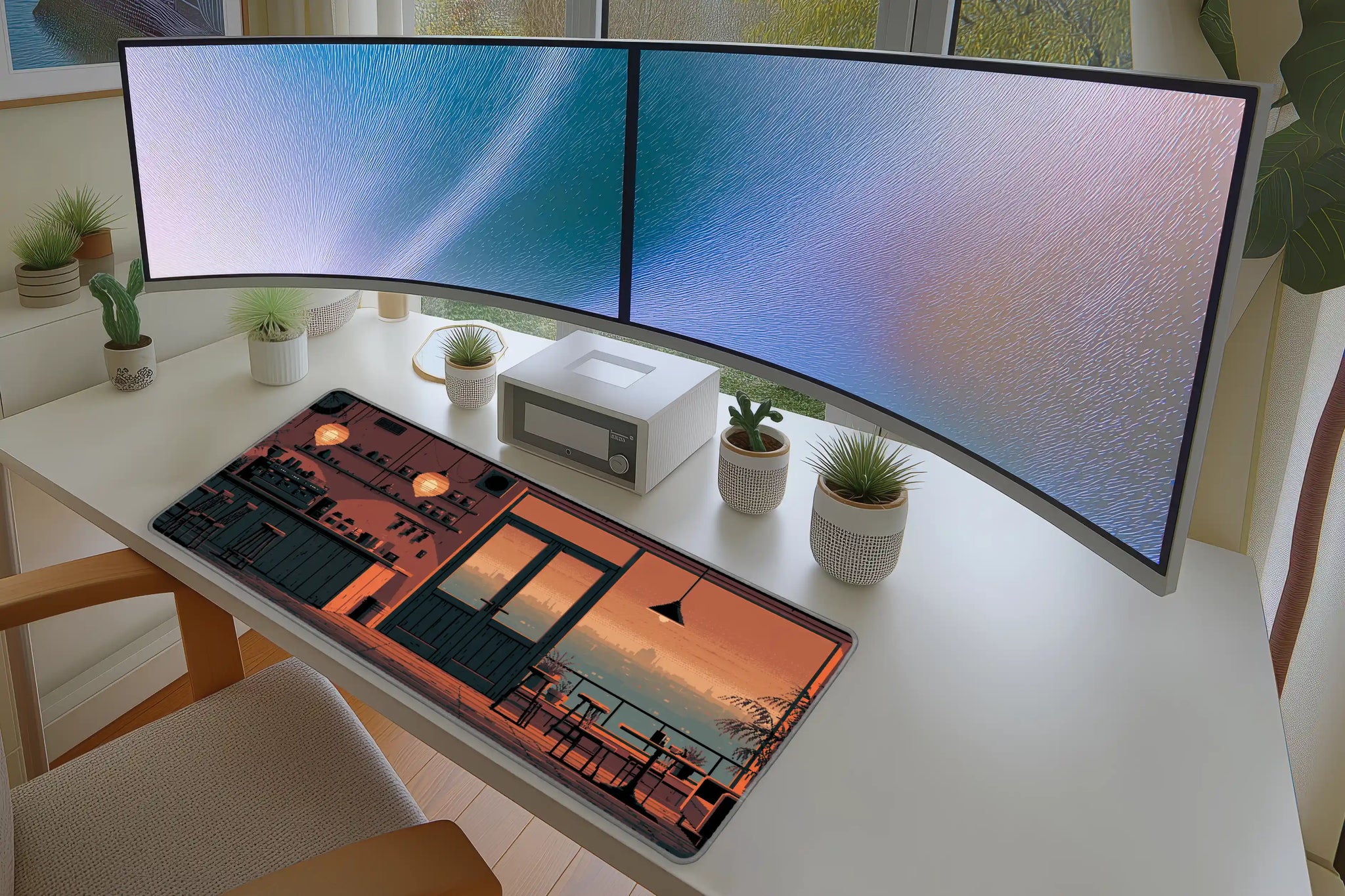 Pixel Sunset Cafe Desk Mat | Coffee Shop Mouse Pad in a full desk setup with keyboard, mouse, and office accessories