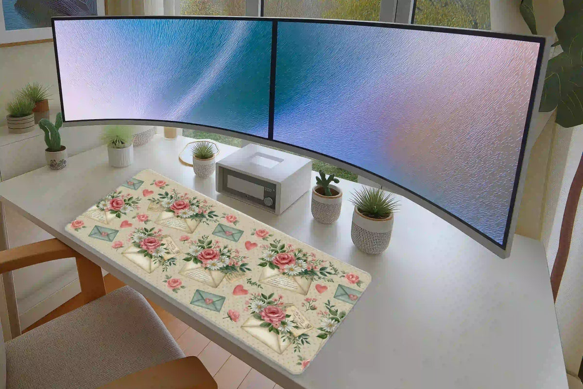 Floral love letter desk mat in a bright dual-monitor setup, displaying pink roses and envelopes on cream