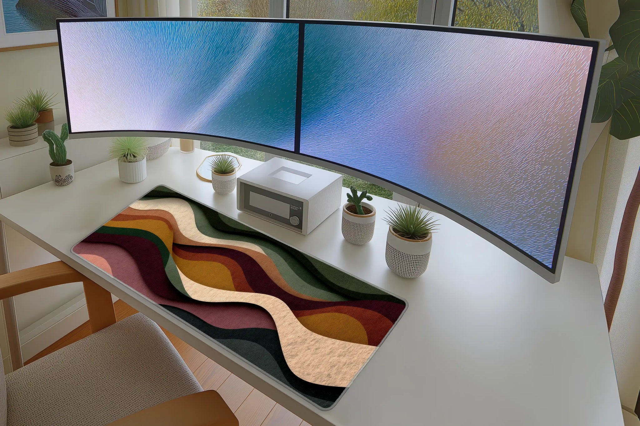 Earth Tone Abstract Waves desk mat wide surface for a keyboard and mouse layout
