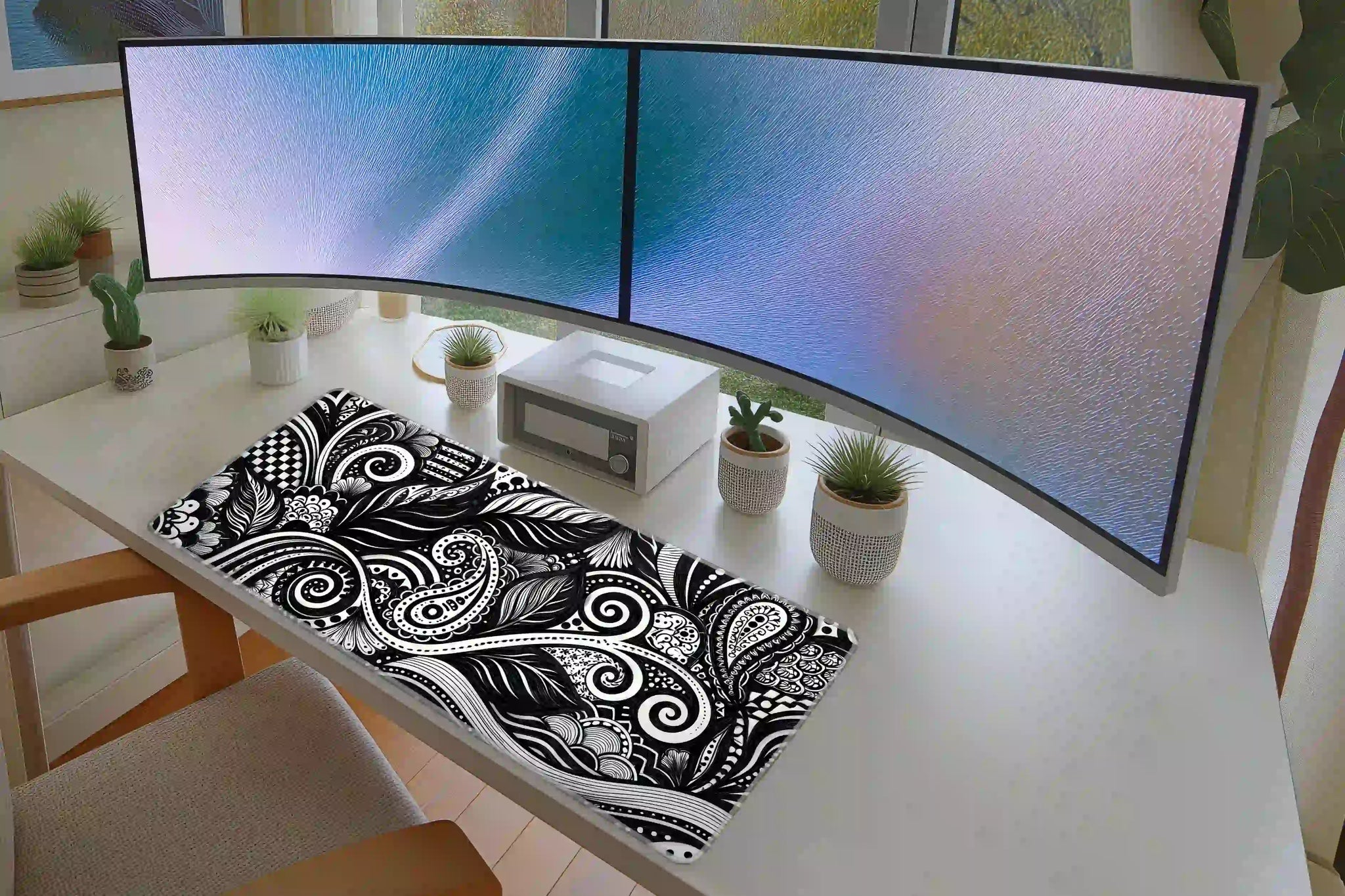 Black and White Paisley desk mat in a full desk setup with a keyboard and mouse layout
