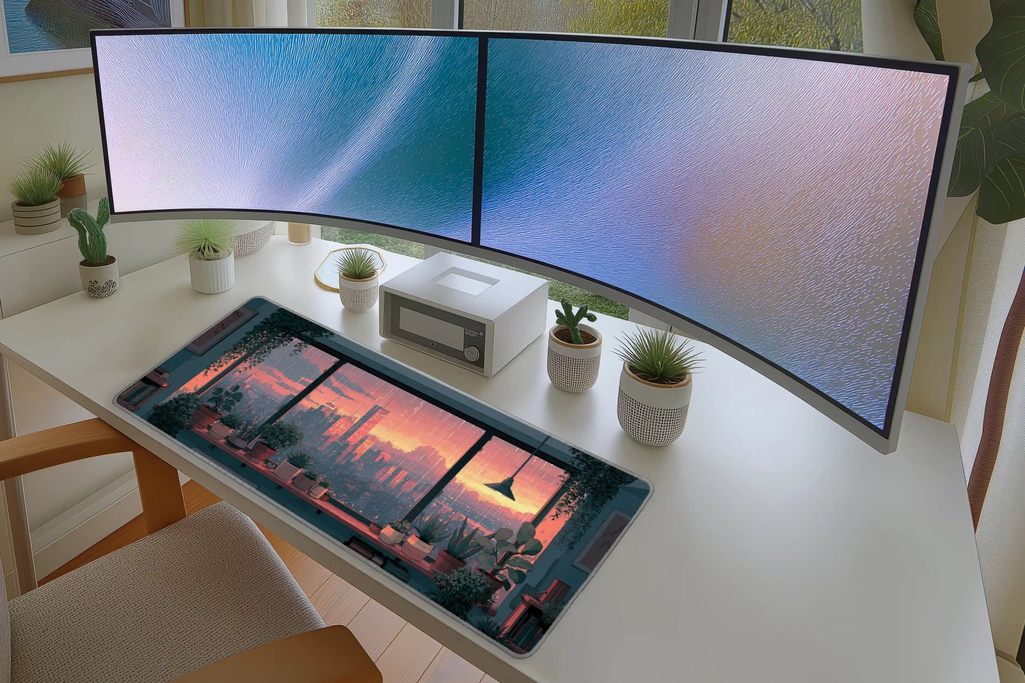 Lifestyle desk mockup of Pink Sunset City Desk Mat | Rainy Window Plants with keyboard and mouse layout